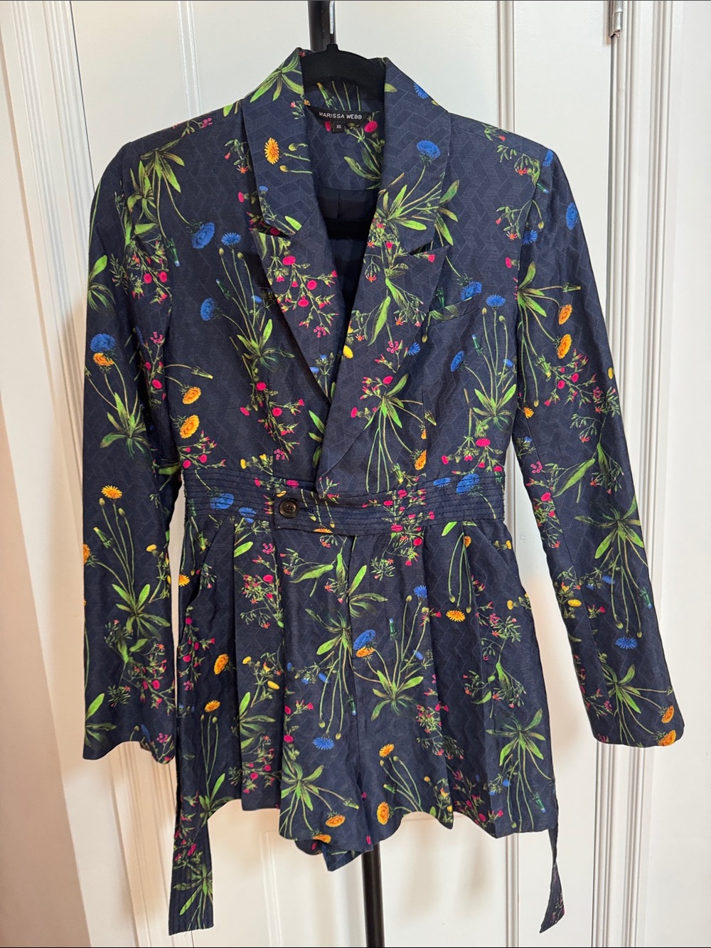 Marissa Webb Navy Floral Belted Suit Jacket with Bright Botanical Print